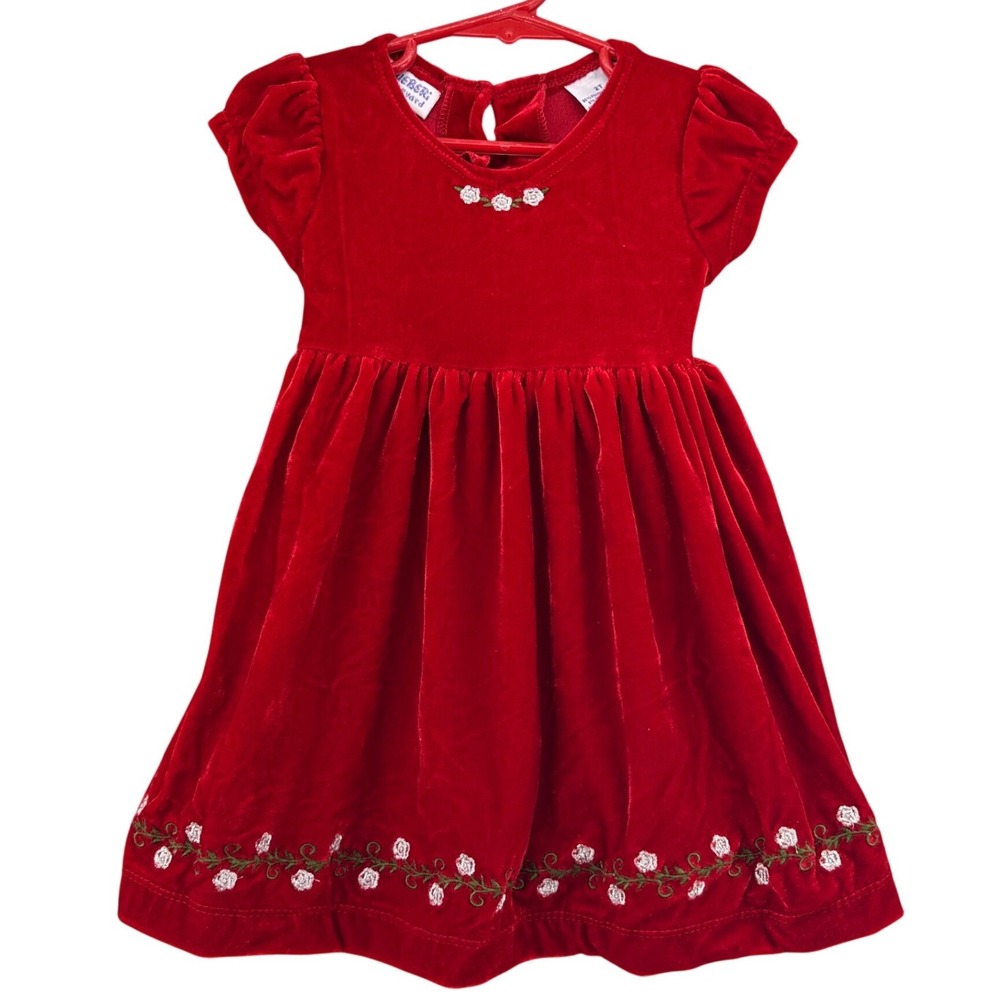 VTG Blueberi Boulevard Red Velvet Floral Embroidered Sash Tie Dress Kids 2T Xmas